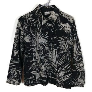 Chico's Size 1 Black and Cream Leaf Print Jacket Blazer